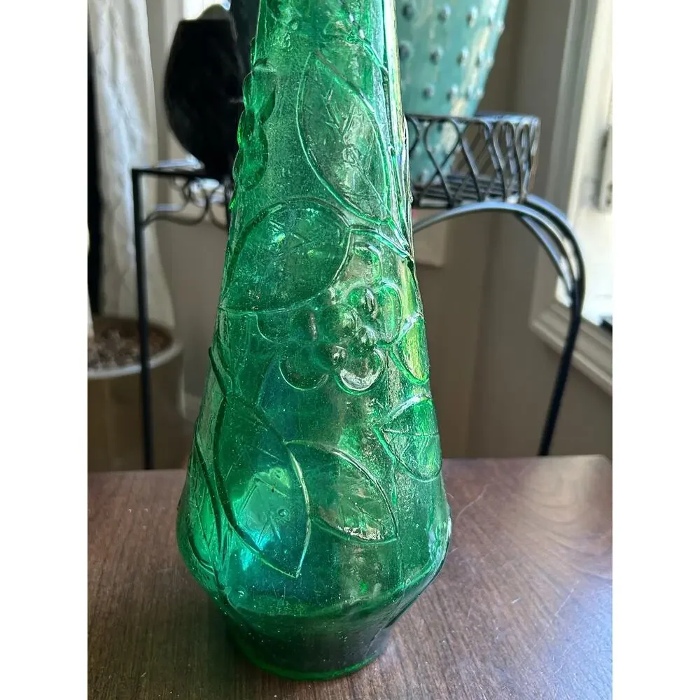 Vintage 60's/70's MCM Green Italian Empoli Bottle Decantet Butterfly And Flowers